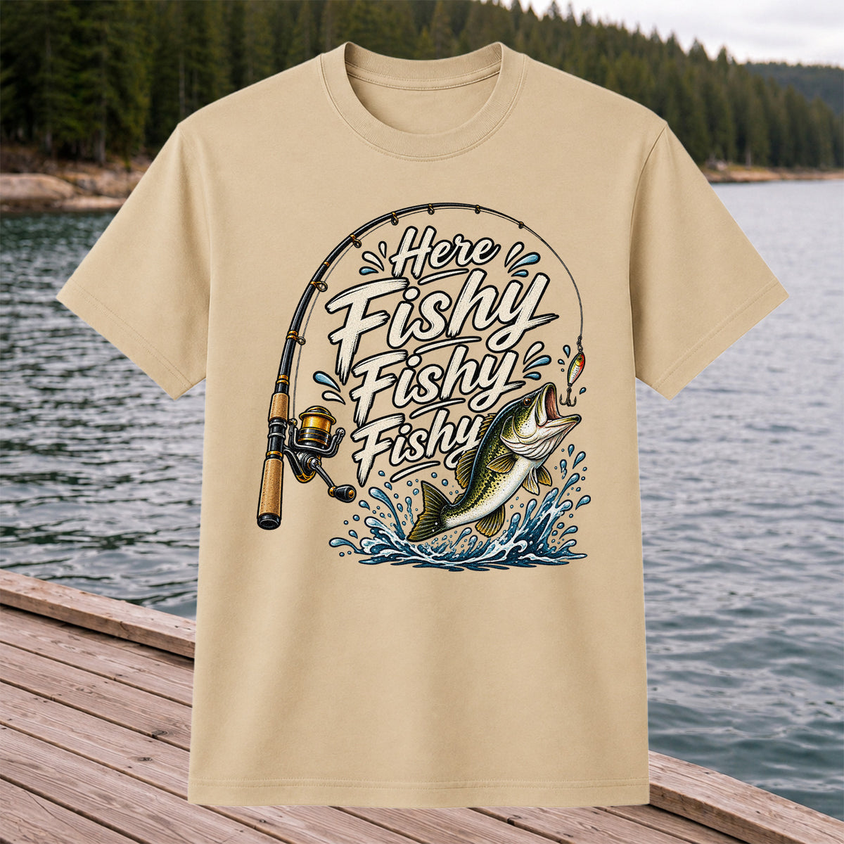 Here Fishy Fishy Fishy Funny Bass Fishing Graphic T-Shirt