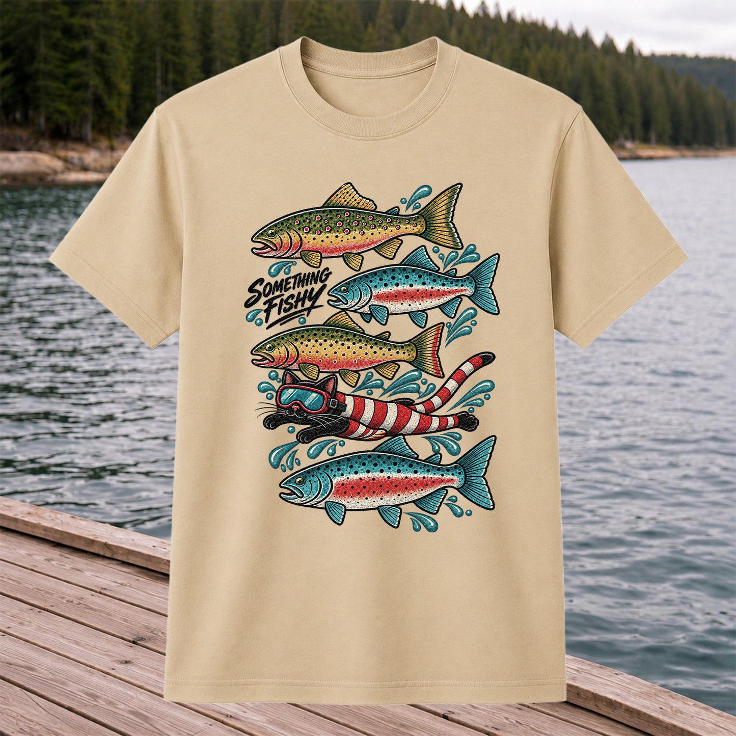 Something Fishy Trout and Snorkeler Fishing Graphic T-Shirt