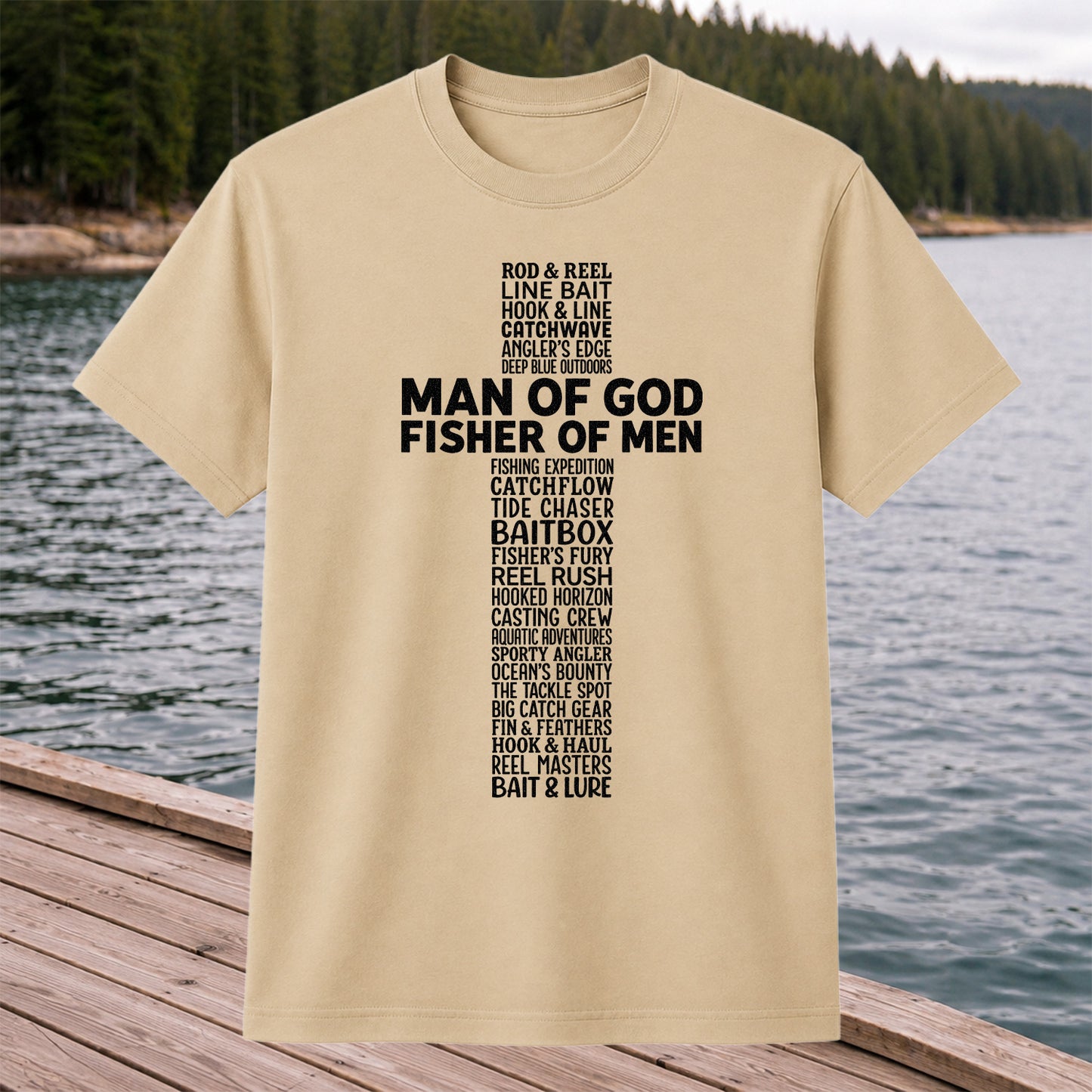 Man of God Fisher of Men Fishing Typography T-Shirt
