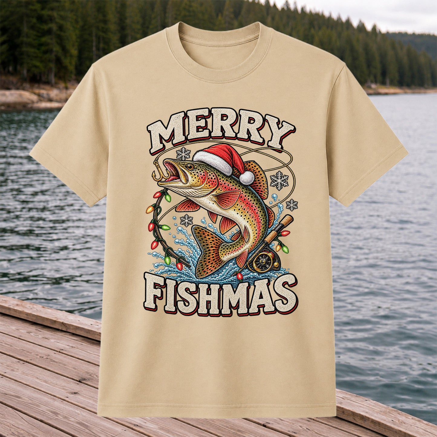 Merry Fishmas Santa Hat Rainbow Trout Fishing T-Shirt