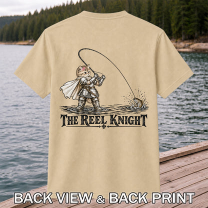 The Reel Knight Cat in Armor Funny Fishing Graphic T-Shirt | Back Print