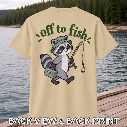 Off to Fish Cute Raccoon with Fishing Rod Graphic T-Shirt | Back Print