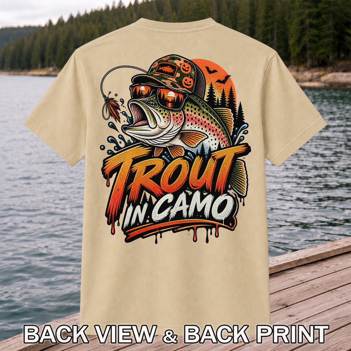 Trout in Camo Halloween Rainbow Trout Fishing Graphic T-Shirt | Back Print