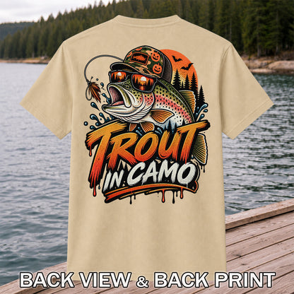 Trout in Camo Halloween Rainbow Trout Fishing Graphic T-Shirt | Back Print