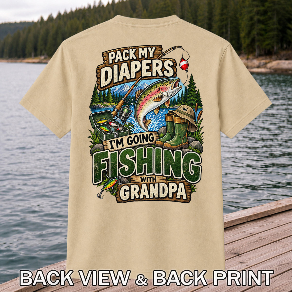 Pack My Diapers I'm Going Fishing With Grandpa Rainbow Trout T-Shirt | Back Print