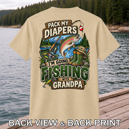 Pack My Diapers I'm Going Fishing With Grandpa Rainbow Trout T-Shirt | Back Print