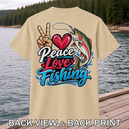 Peace Love Fishing Rainbow Trout and Heart Graphic T-Shirt | Back Print