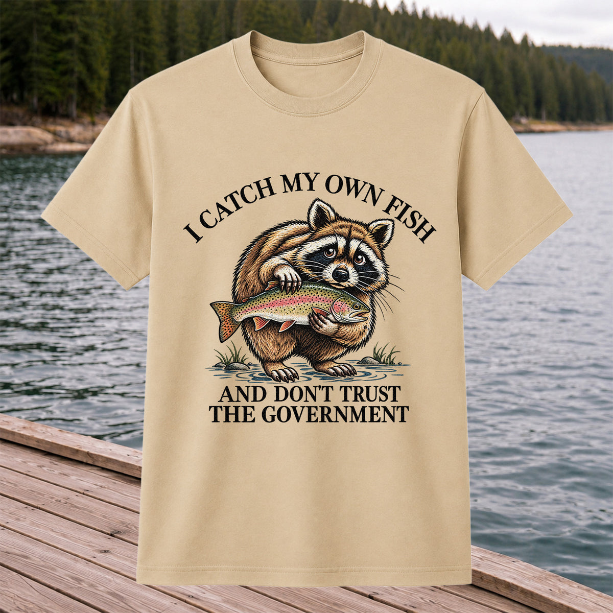 Raccoon Holding Rainbow Trout Fishing Graphic T-Shirt