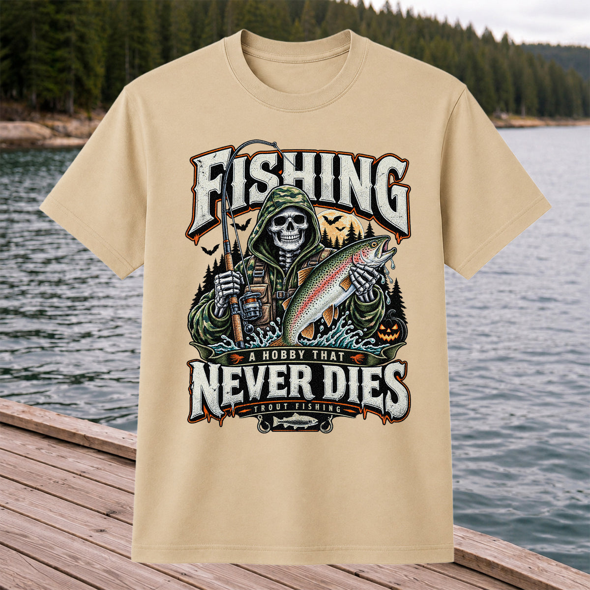 Fishing A Hobby That Never Dies Skeleton Holding Rainbow Trout Halloween T-Shirt