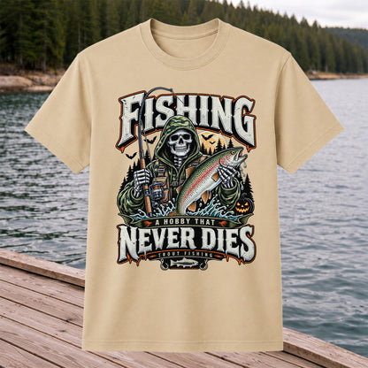 Fishing A Hobby That Never Dies Skeleton Holding Rainbow Trout Halloween T-Shirt