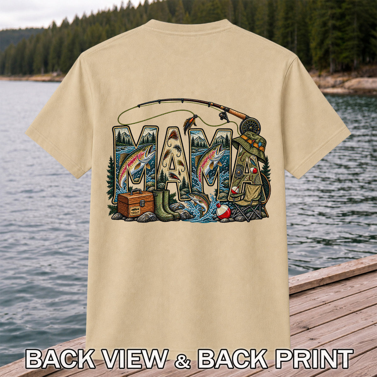 Mama Rainbow Trout Fly Fishing Vintage Graphic T-Shirt | Back Print