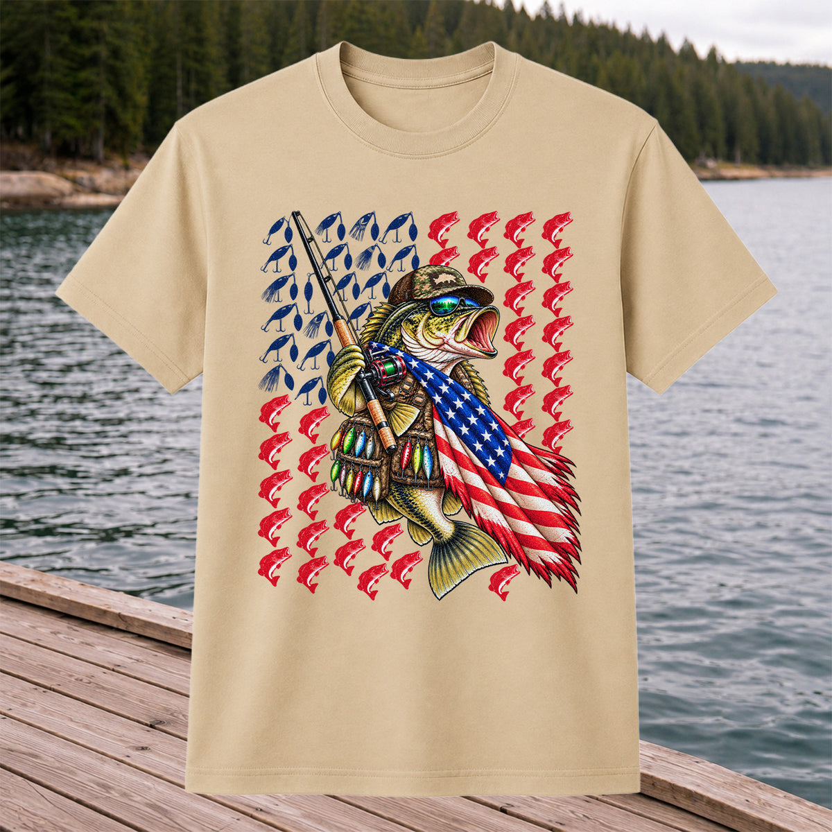 Patriotic Bass Fishing Graphic T-Shirt with American Flag Design