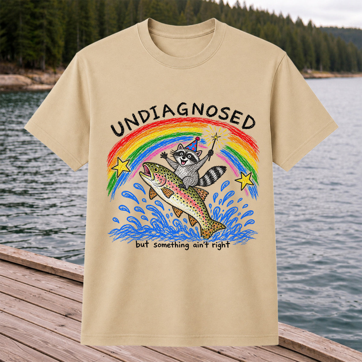 Undiagnosed But Something Ain't Right Raccoon Riding Trout T-Shirt