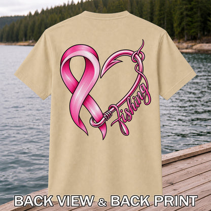 Pink Ribbon Heart Fish Hook Fishing Graphic T-Shirt | Back Print