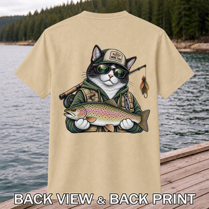 Cat Holding Rainbow Trout Fishing Graphic T-Shirt | Back Print