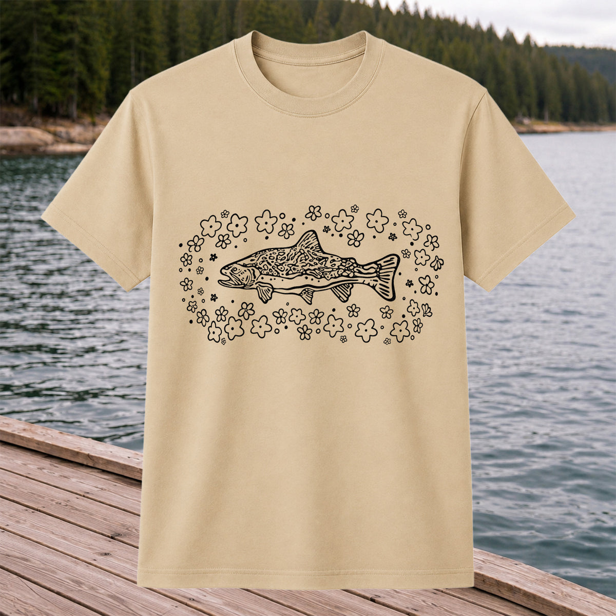 Brown Trout Surrounded by Wildflowers Fishing Graphic T-Shirt