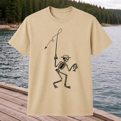 Skeleton Angler Holding a Fish Line Art Fishing T-Shirt