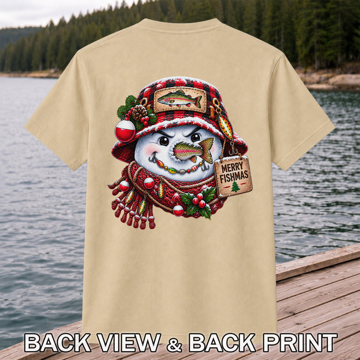 Merry Fishmas Snowman with Rainbow Trout Christmas Fishing T-Shirt | Back Print