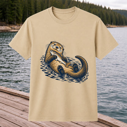 Cute Otter Holding Fish Hand Drawn Fishing Graphic T-Shirt