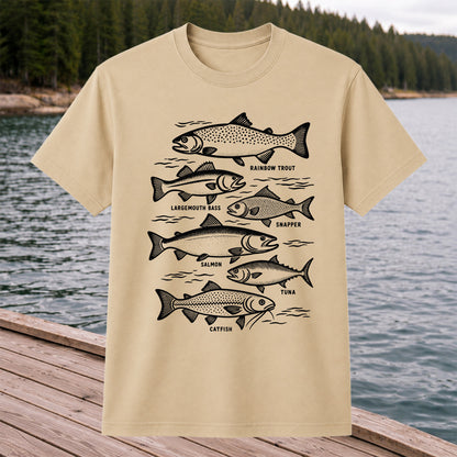 Rainbow Trout, Largemouth Bass, Snapper, Salmon, Tuna and Catfish Fishing Graphic T-Shirt