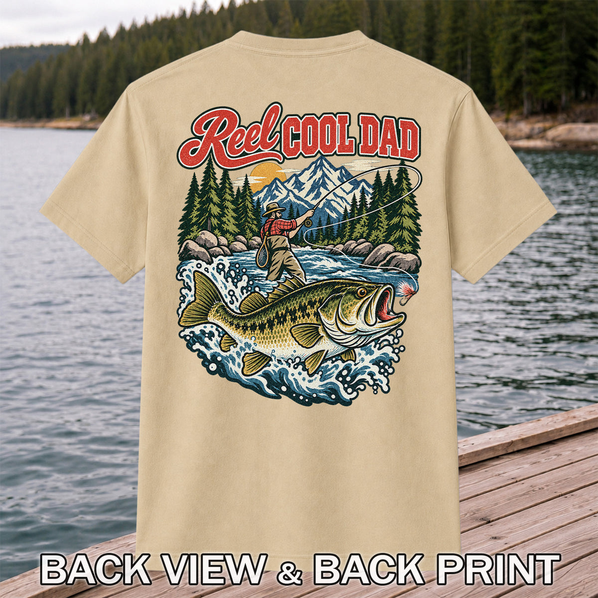 Reel Cool Dad Largemouth Bass Fishing Graphic T-Shirt | Back Print