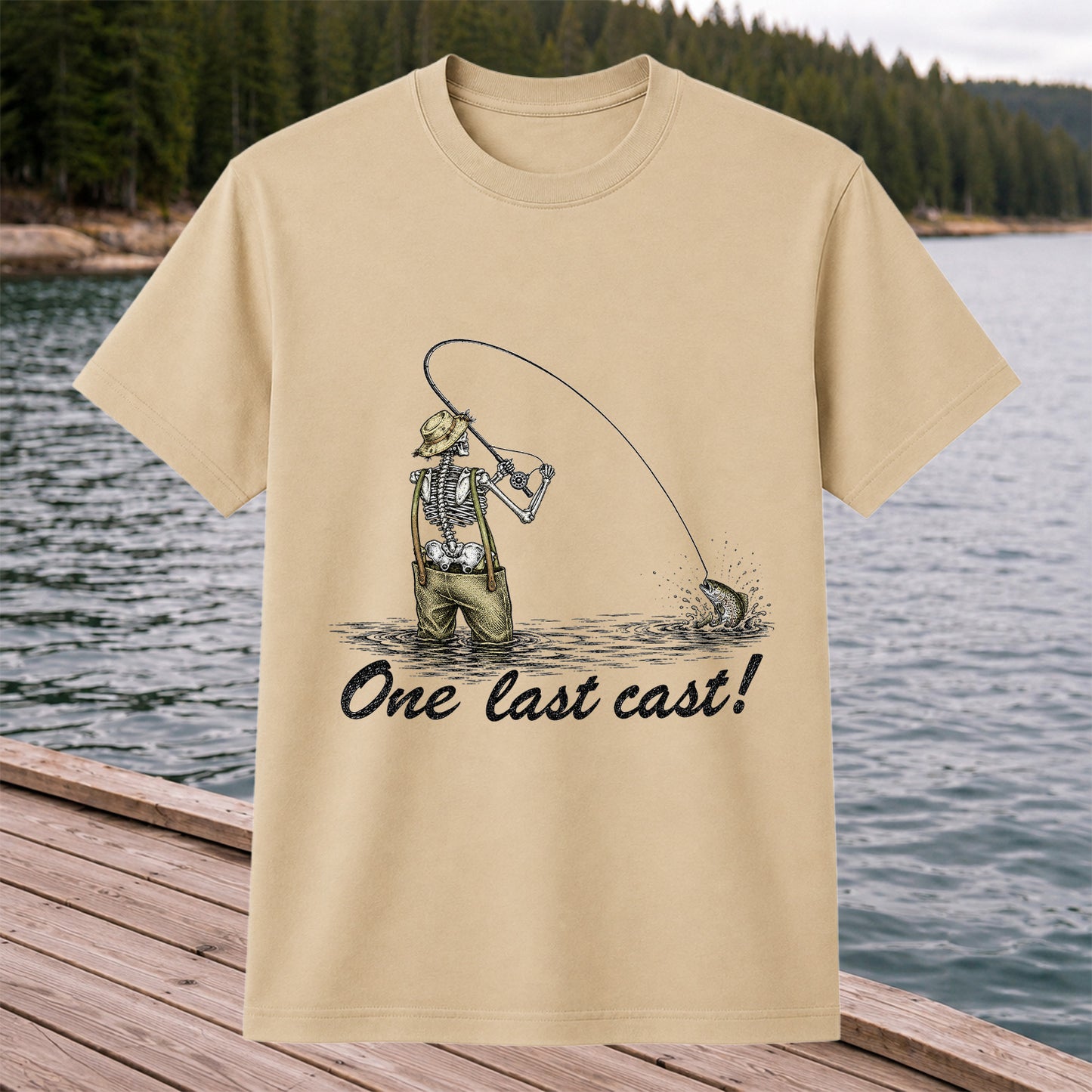 One Last Cast Skeleton Angler Fishing Graphic T-Shirt