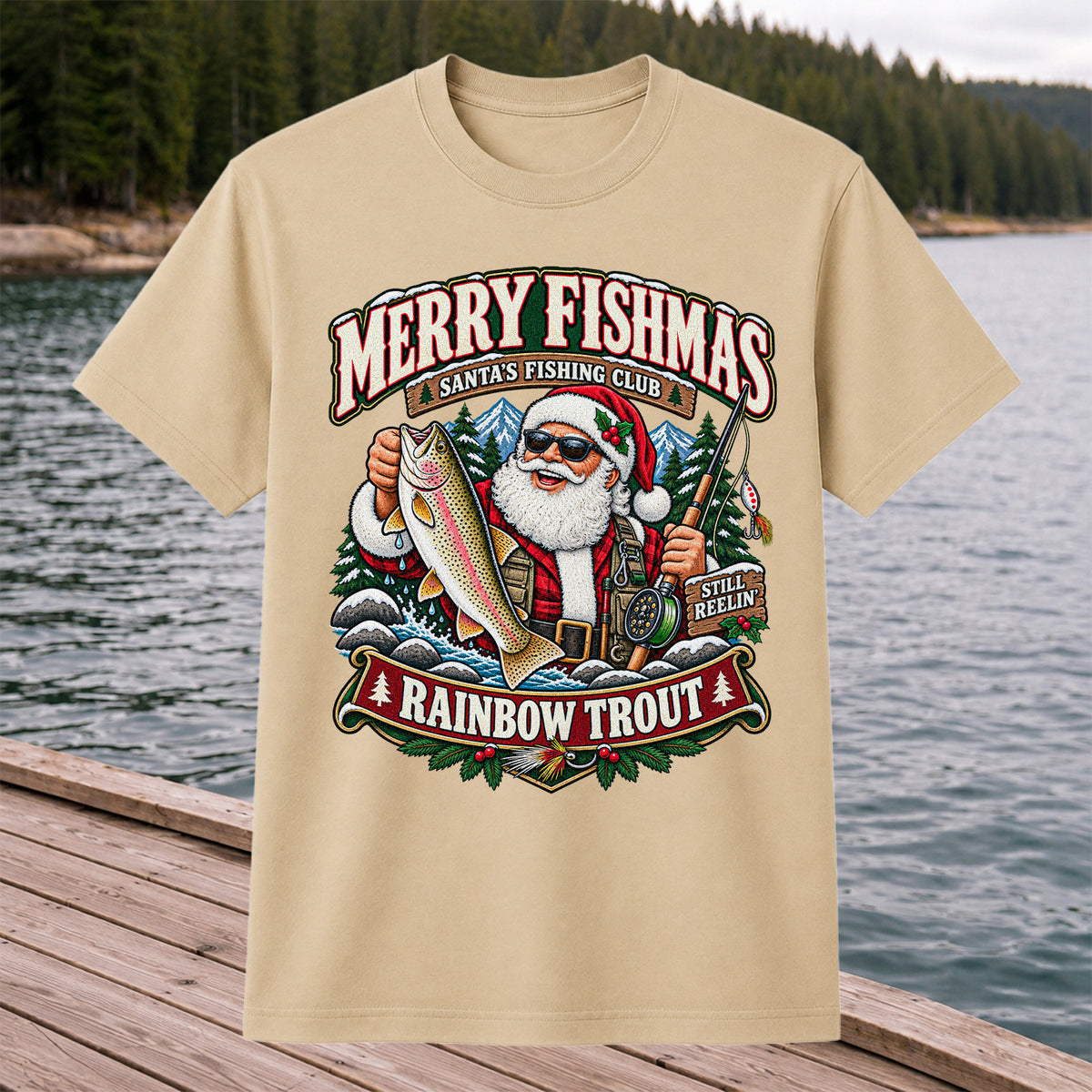 Merry Fishmas Santa's Fishing Club Still Reelin' Rainbow Trout Christmas T-Shirt