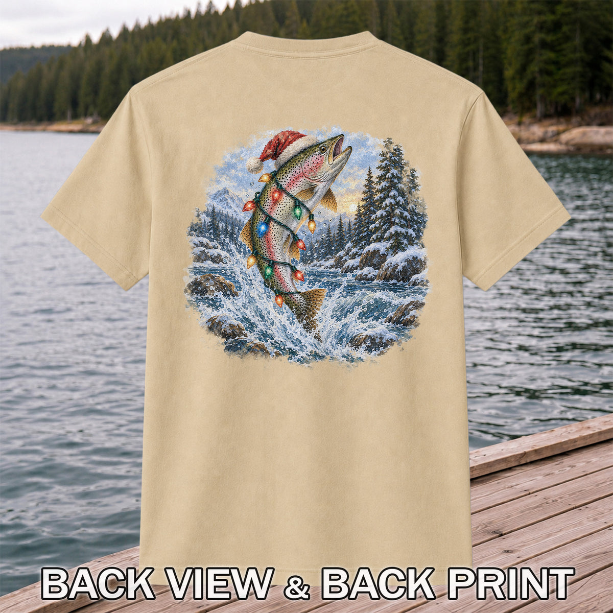 Santa Rainbow Trout with Christmas Lights Fishing T-Shirt | Back Print