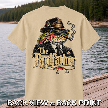 The Rodfather Rainbow Trout Gangster Funny Fishing T-Shirt | Back Print