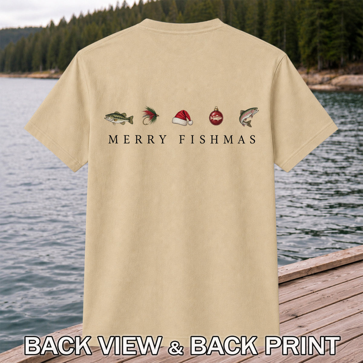 Christmas Fish Icons Fishing Graphic T-Shirt | Back Print