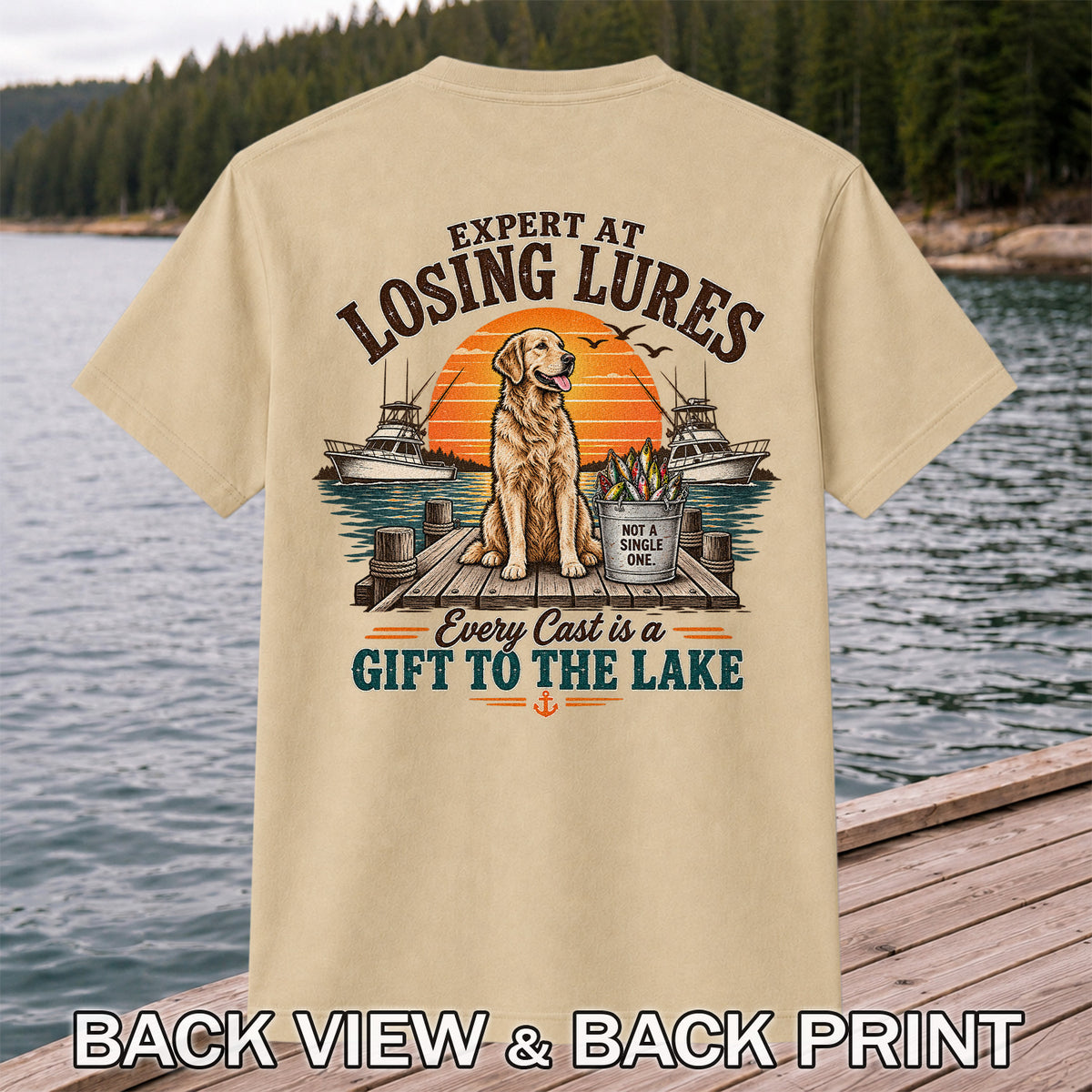 Expert at Losing Lures Golden Retriever Funny Fishing T-Shirt | Back Print