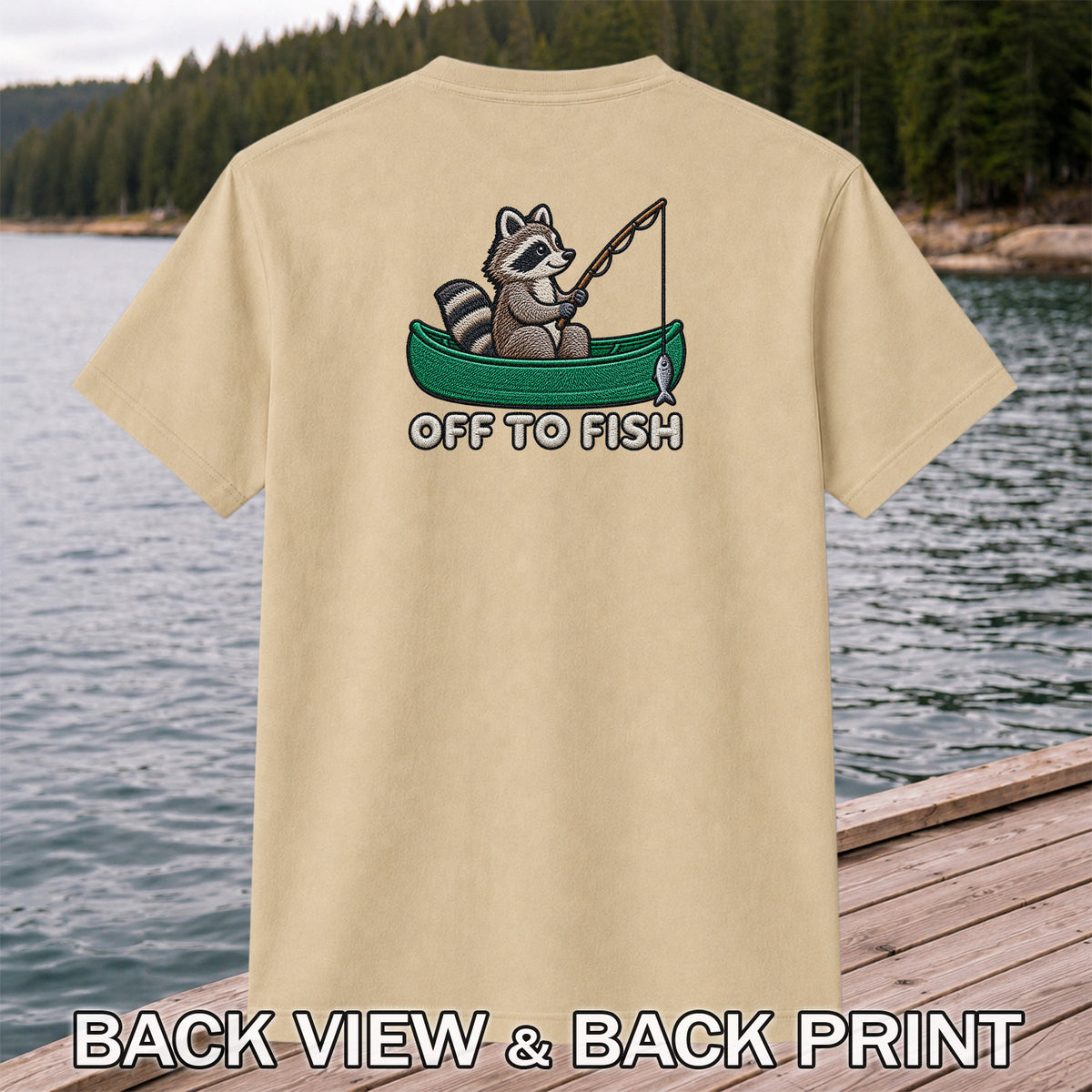 Off to Fish Raccoon in a Canoe Funny Fishing Graphic T-Shirt | Back Print