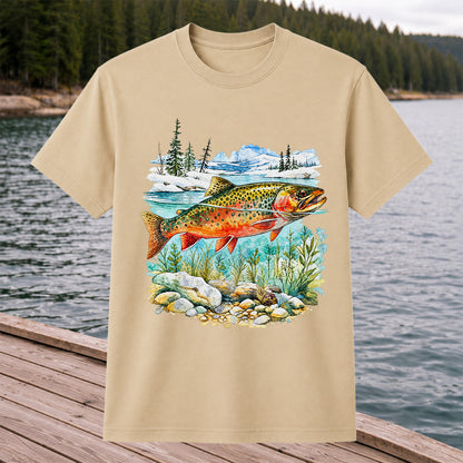 Brown Trout in Mountain River Watercolor Fishing Graphic T-Shirt