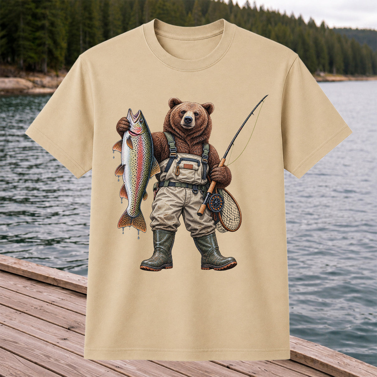 Bear Fishing with Rainbow Trout Outdoor Graphic T-Shirt