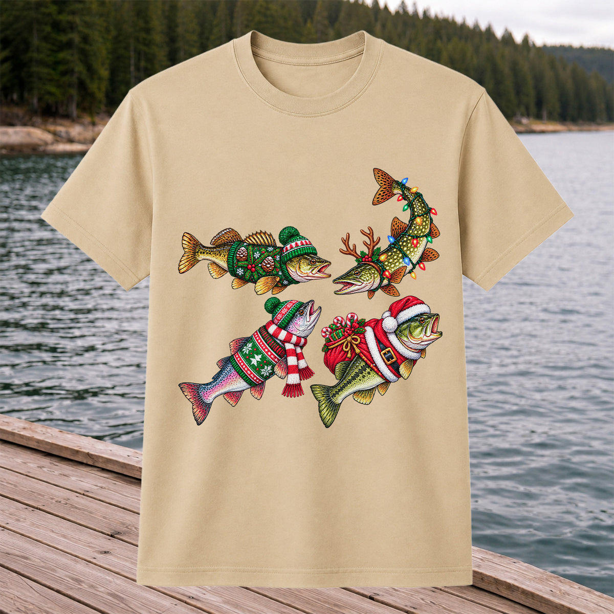 Festive Christmas Fish Wearing Holiday Sweaters Fishing T-Shirt