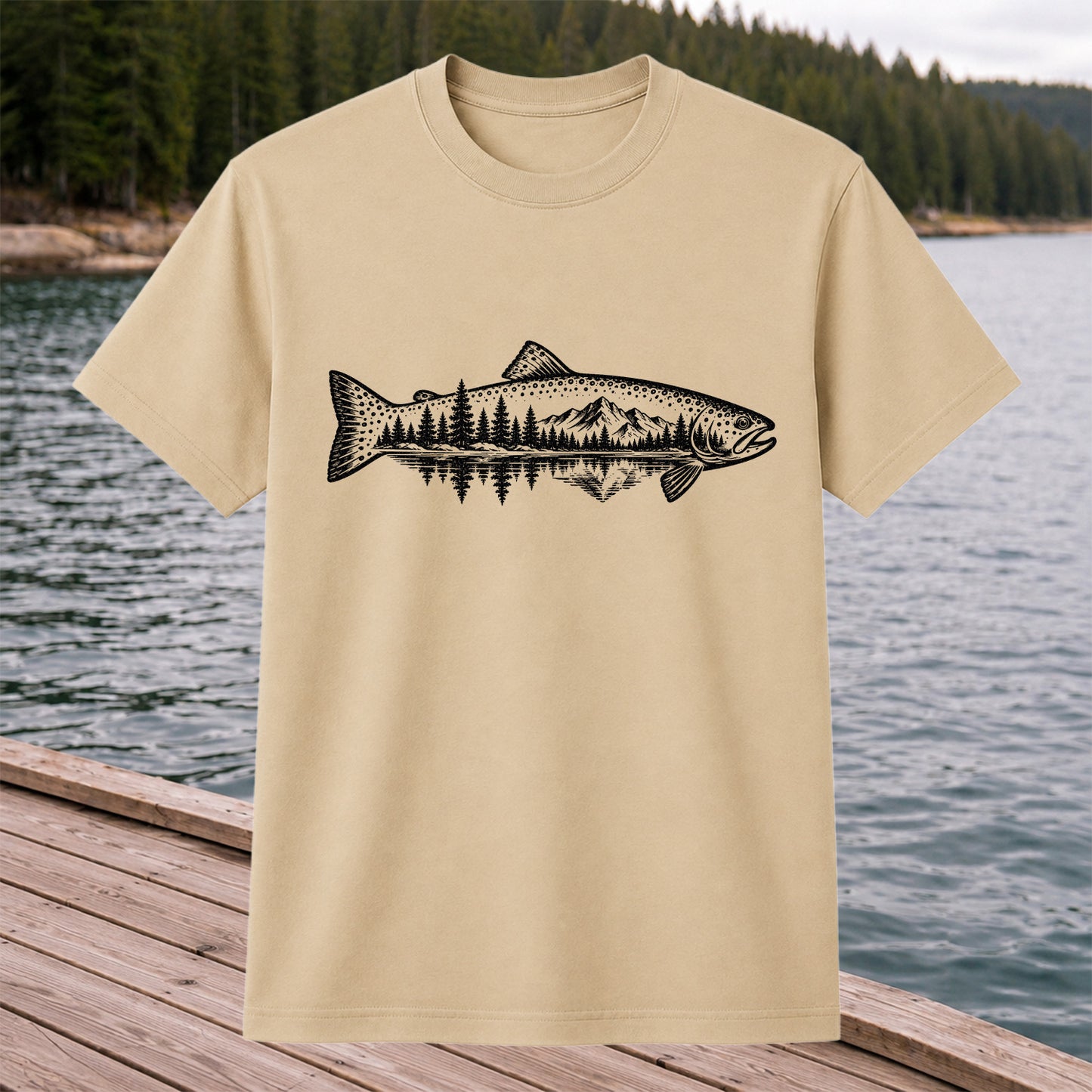 Trout Mountain Forest Reflection Fishing Graphic T-Shirt