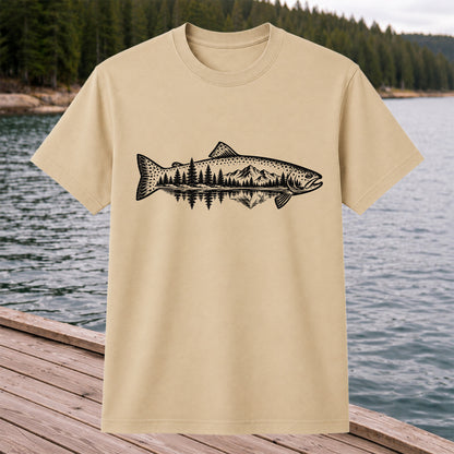 Trout Mountain Forest Reflection Fishing Graphic T-Shirt