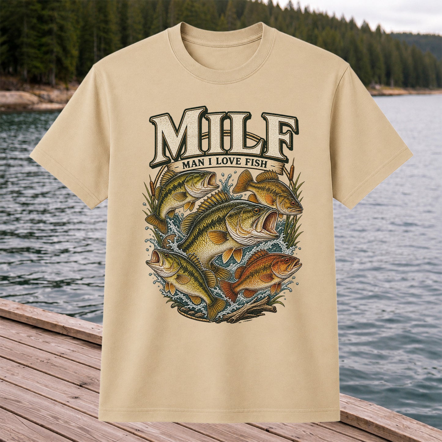 MiLF Man I Love Fish Jumping Bass Fishing Graphic T-Shirt