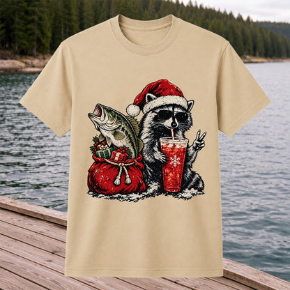 Santa Raccoon Sharing a Bass Christmas Fishing Graphic T-Shirt