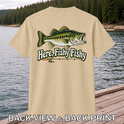 Here Fishy Fishy Funny Largemouth Bass Fishing Graphic T-Shirt | Back Print