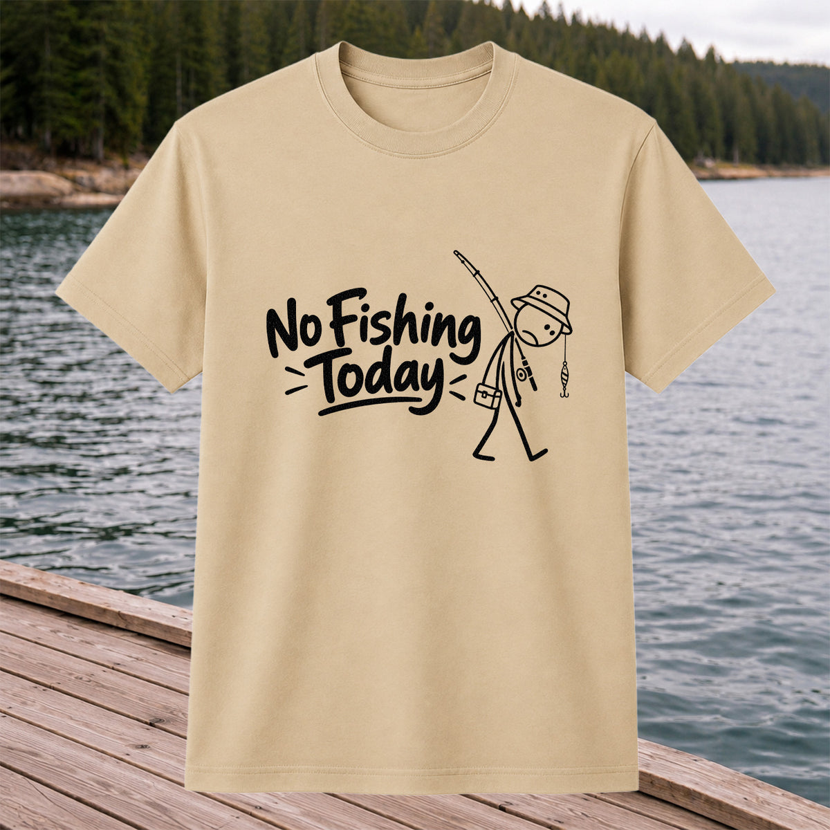 No Fishing Today Funny Stick Figure Angler Graphic T-Shirt