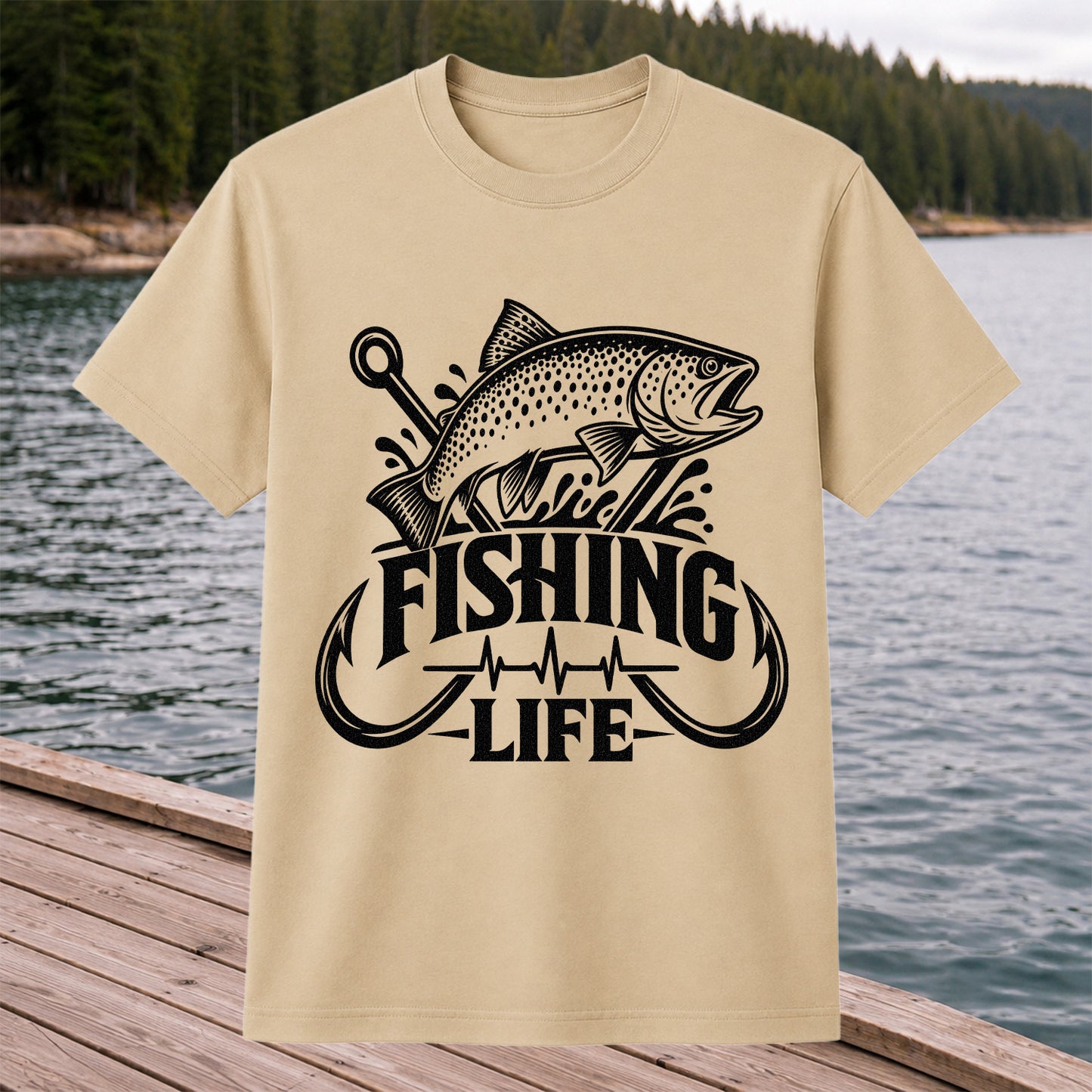 Fishing Life Trout and Hooks Heartbeat Graphic T-Shirt