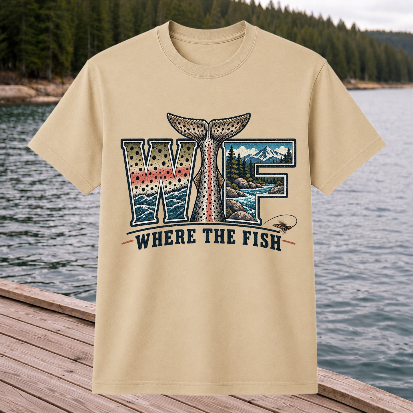 WTF Where the Fish Trout River Mountain Fishing T-Shirt
