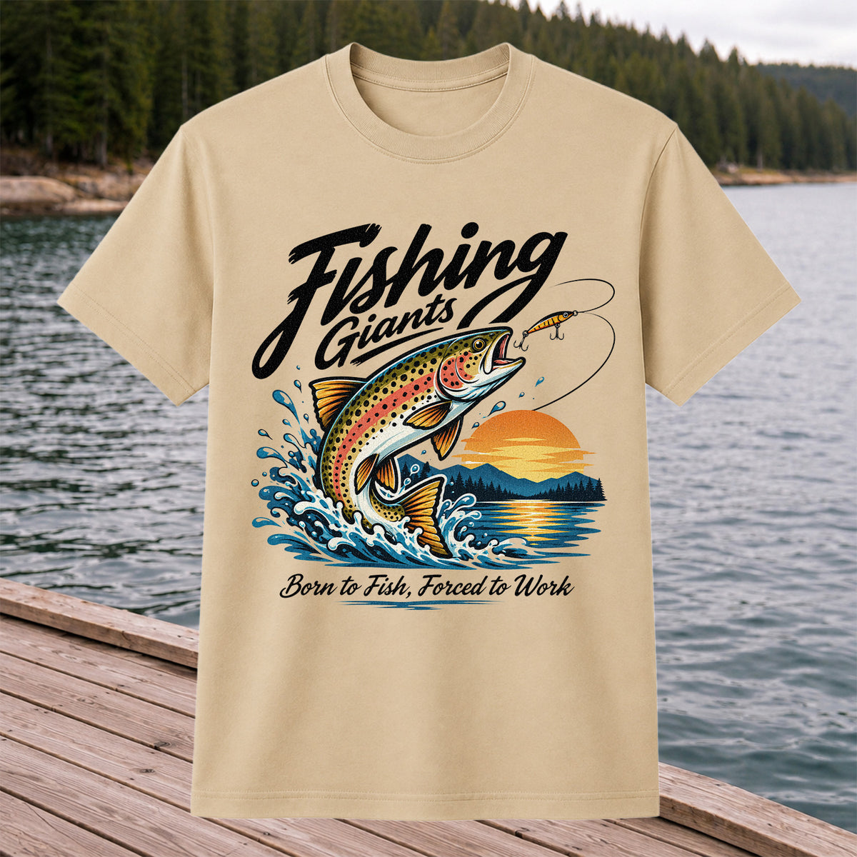 Fishing Giants Born to Fish Forced to Work Rainbow Trout T-Shirt