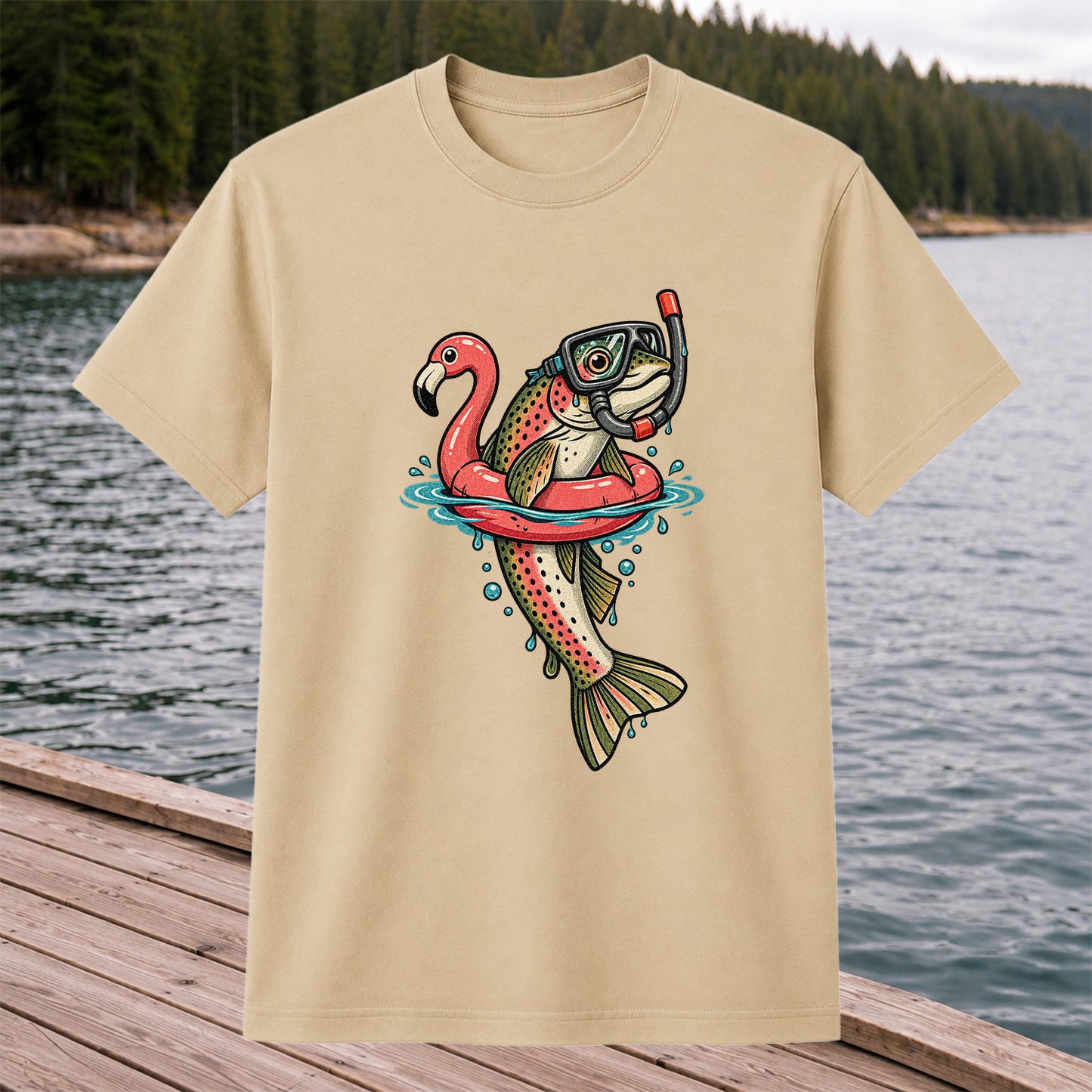Rainbow Trout Snorkeling in a Flamingo Float Fishing Graphic T-Shirt