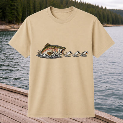 Brown Trout Chasing Fishing Lures Hand-Drawn Graphic T-Shirt