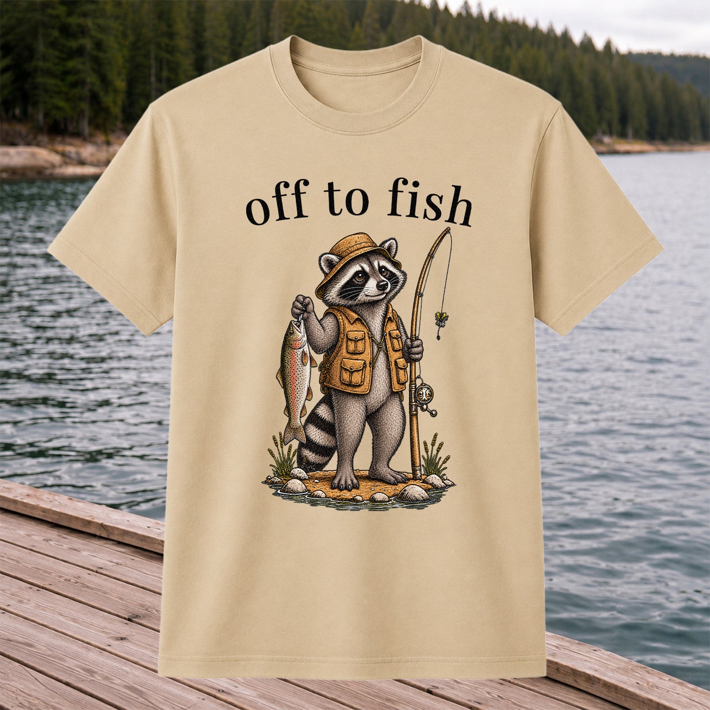 Off to Fish Raccoon Angler Funny Fishing T-Shirt