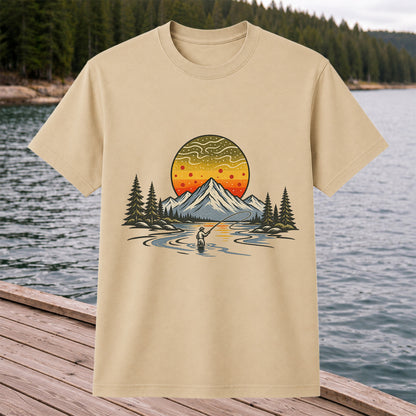 Mountain Sunset Fly Fishing Angler Graphic T-Shirt