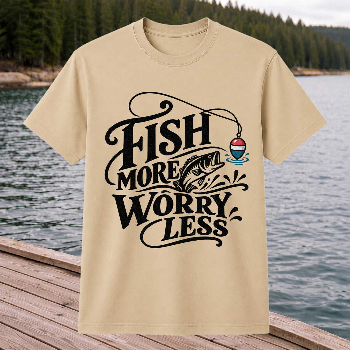 Fish More Worry Less Funny Fishing Graphic T-Shirt