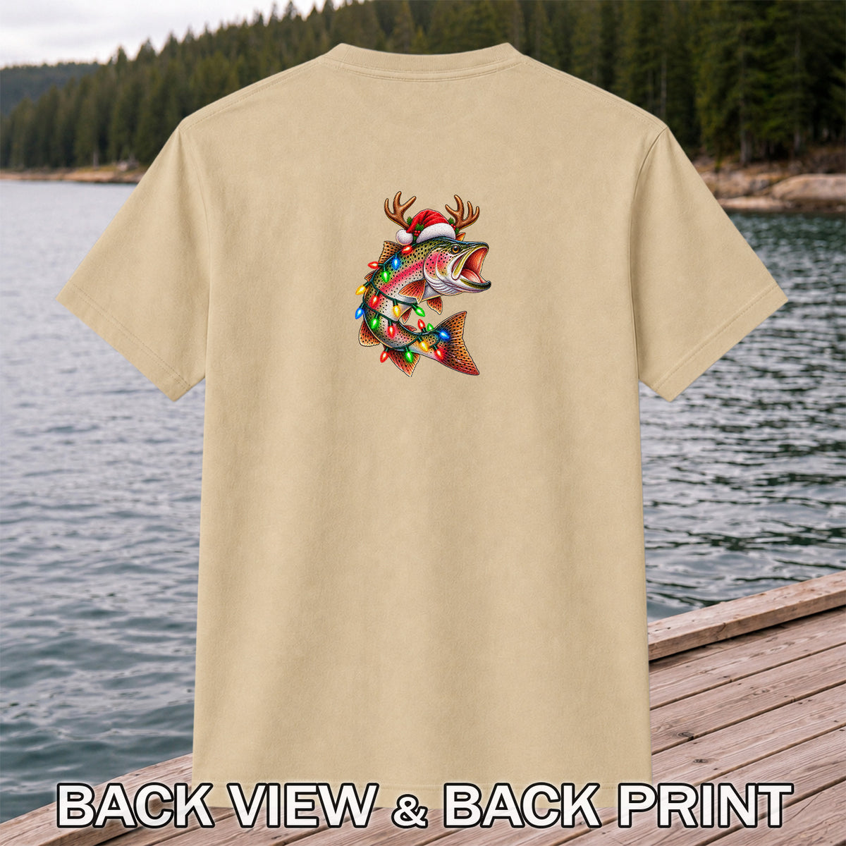 Christmas Rainbow Trout with Santa Hat, Antlers and Holiday Lights Fishing T-Shirt | Back Print